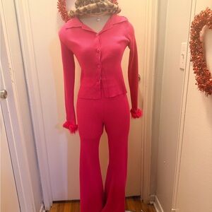 Cider Vibrant Pink Ribbed Knit Flare Set